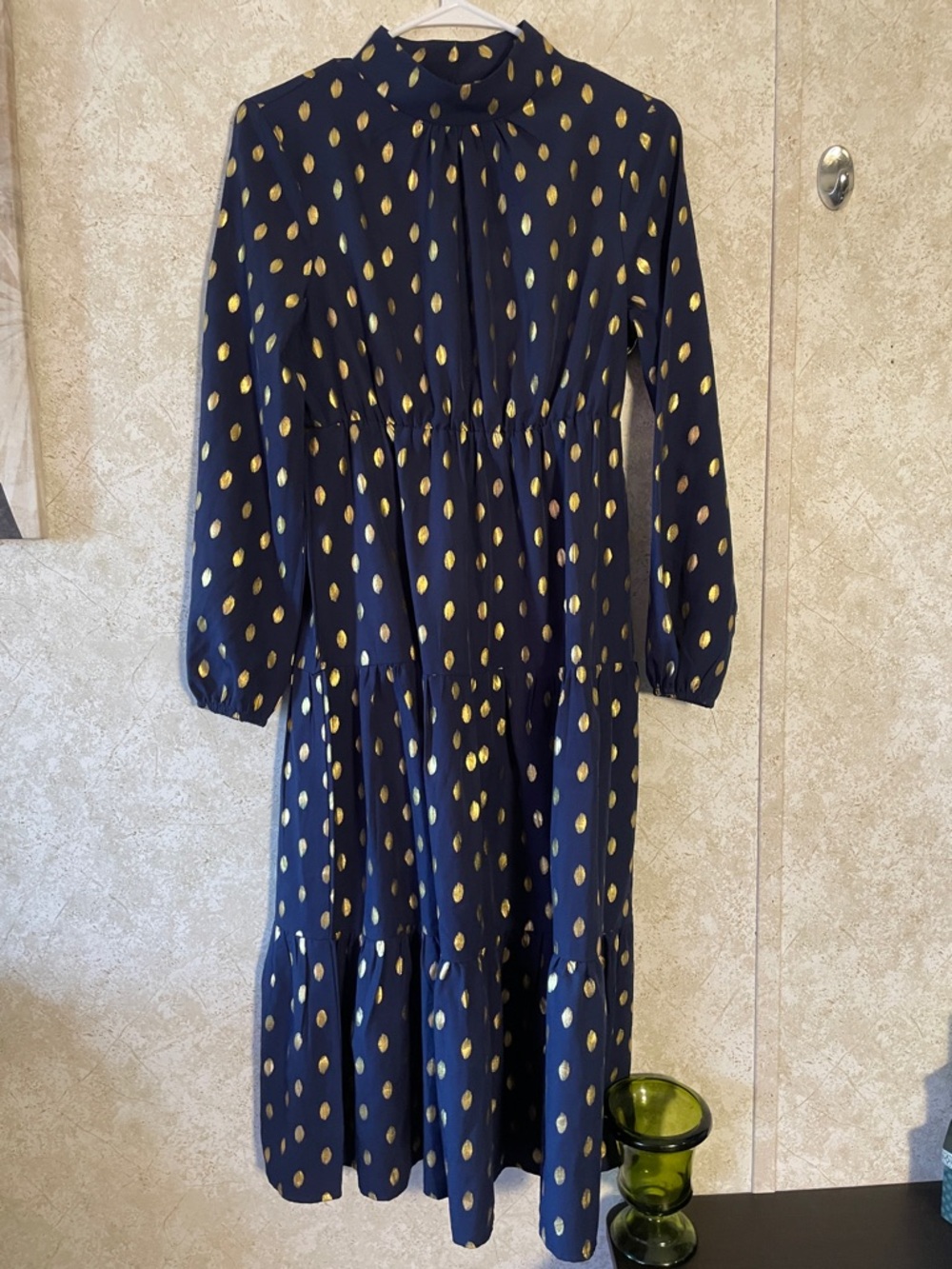 SHEIN Navy Midi Gold Dot Print Office Business Dress size M